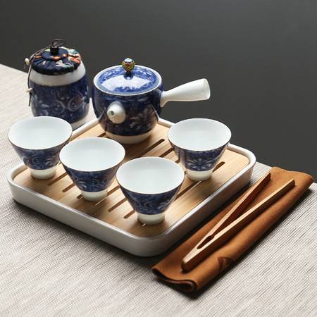 苏氏陶瓷旅行茶具蓝锦亭立方盘功夫茶具套装
