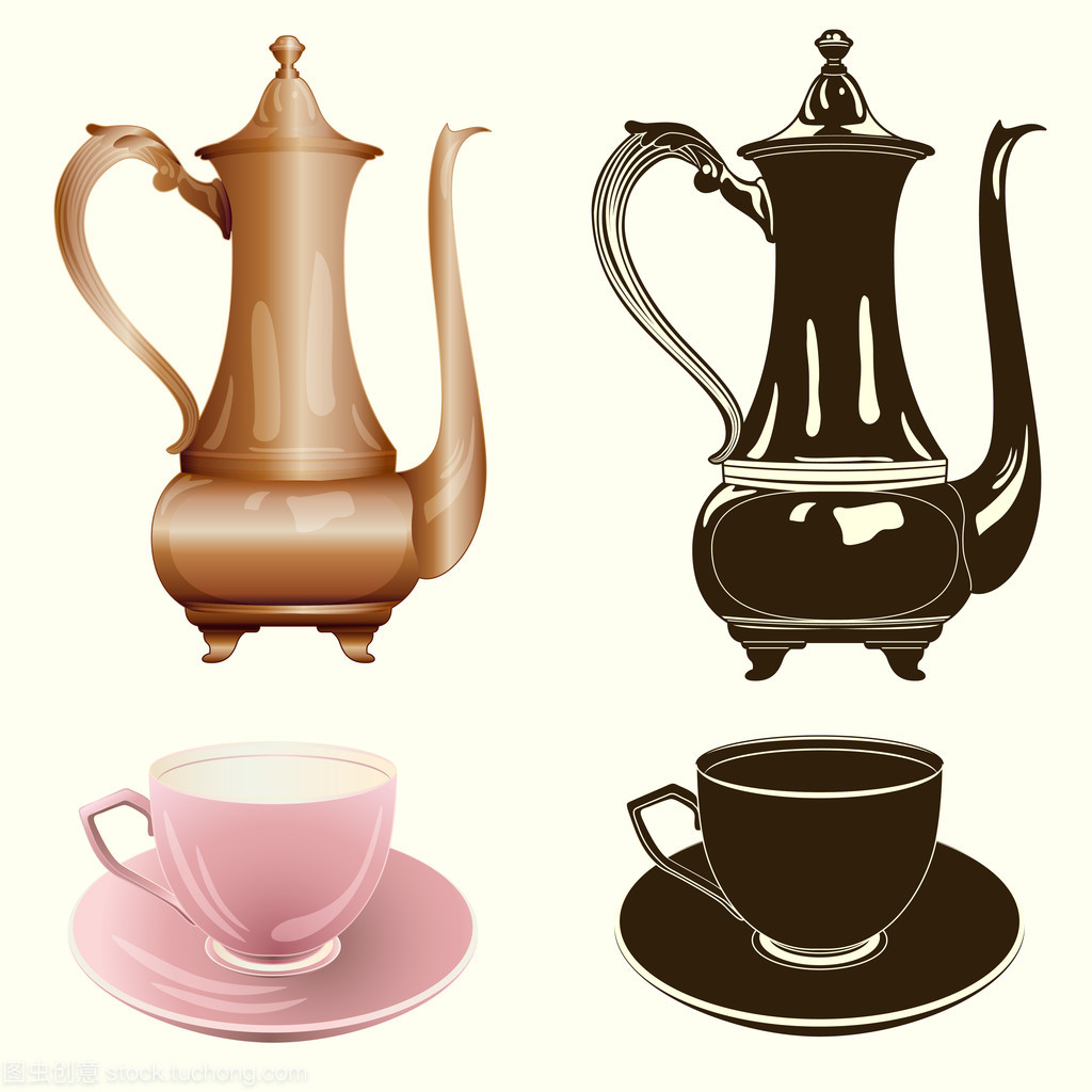 矢量茶具 古色古香的茶壶与杯子的彩色与单色之美