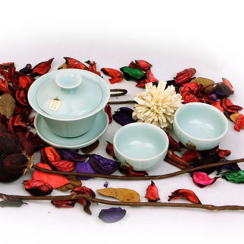 绿菽 龙泉青瓷弟窑旅行茶具 粉青釉盖碗茶具 一碗两杯小套组